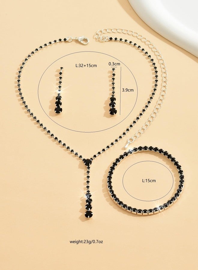 DATOA Sparkling Jewelry Set Wedding Jewelry Sets for Women Dainty Imitation Crystal Necklace Bracelet Earrings Set Wedding Accessories for Brides - Black - Image 4